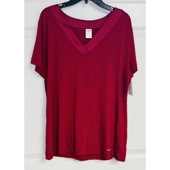 Calvin Klein Sleepwear Shirt S Red Short Sleeve V Neck Soft Comfy Pajama Top - Picture 1 of 8